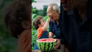 The weather is hot, the baby feeds grandpa sweet watermelon #baby #cute #grandparents #cutebaby