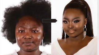 Makeup and hair transformation on dark skin