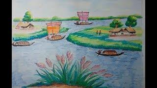 how to draw scenery of autumn season step by step easy../draw a beautiful river scenery and coloring