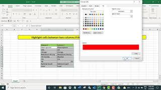 Highlight cells between two columns if corresponding values do not match in Excel