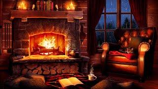 Stormy Night Cozy Cabin Ambience with Relaxing Rain and Fireplace Sounds for Sleeping and Reading