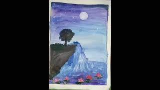 #water fall #full moon #poonam #Lotus #चांद #चांदणं #Acrylic #tube colours
