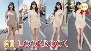 AI Lookbook #91 - Street Beige Sweater One Piece Dress Fashion Women Model Illustration