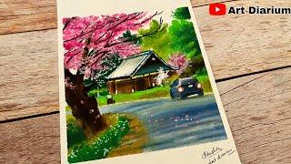 Cherry Blossom Landscape drawing with Oil Pastels | Beginner Friendly