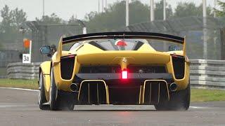 Ferrari FXX K Evo & 599XX Accelerating in HEAVY RAIN! Downshifts & Exhaust Sounds