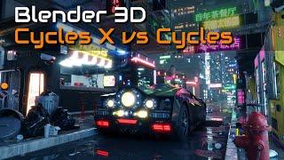 How Fast is Blender 3D Cycles X vs Cycles on a Kitbash3D Cyberpunk Scene?