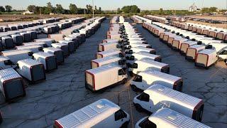 Drone View Of Rivian Factory Lot June 23, 2024 - Many More Delivery White Vans