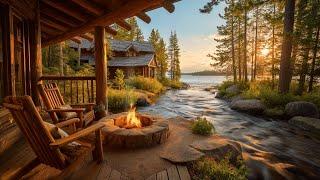 Peaceful Summer Lakeside Porch Morning | Water, Birds, and Cozy Firepit Relaxation, Meditation