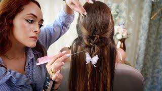 Simple Yet Cute ASMR Hairstyle | Hair Styling with Spraying, Drying, Straightening & Gentle Braiding