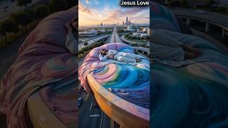 “A Bed Above the World: Jesus Sleeps Peacefully on a Colorful Freeway #jesus #jesuslovesyou