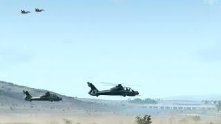 RAH-66 Comanche helicopter flies over the mountains jungles of the Middle East -in Arma 3 simulation