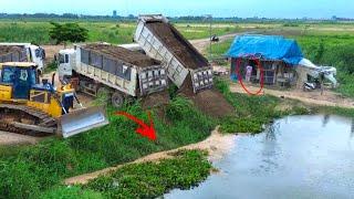New Side Operation DumpTrucks Unloading Sand TWO Epic SHANTUI DH17c2 Dozer Push into Huge Pond