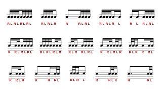 Common 32nd note rhythms with sticking for drums 