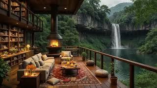Cozy Porch Ambience ️ Relaxing Jazz Instrumental & Gentle Rain, Fireplace Sounds for Relax