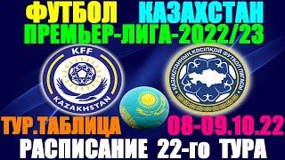 Футбол: Казахстан Премьер лига-2022/2023. Расписание 22-го тура 08 - 09.10.22. Турнирная таблица