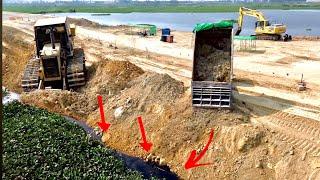 Expanding Road! KOMATSU Bulldozer Pushes Soil Into Water To Make Detour At Bride Construction Site