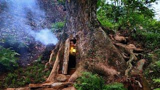 FULL VIDEO ; Building shelter in an old tree trunk, built from beginning to end.