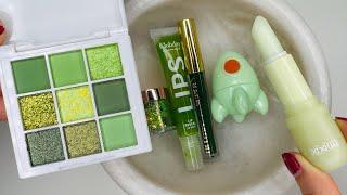 Coloring Slime with Cute Green Lipstick  Lip Balm & Eyeshadow! ASMR & Satisfying Makeup Slime