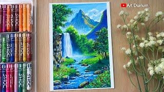 Waterfall Nature Scenery Drawing Tutorial with Oil Pastels - Step by Step