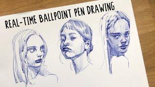 Real-time Drawing - Ballpoint Pen Portraits ️ (no voiceover) ASMR STUDY WITH ME!