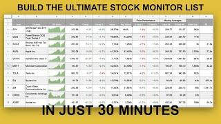 30 min build an ultimate stock monitor list with Google Finance free with live data in Google Sheets