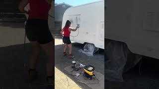 Exterior Paint job pf this vintage camper renovation is done! #diy #rvrenovation #camper