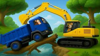 Farmworks: Broken Bridge Rescue! Dump Truck Saved, Excavator Builds New Bridge