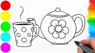 How to Draw a Cup and Teapot Easy - Как нарисовать заварочный чайник и чашку с чаем ребенку