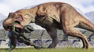 TYRANNOSAURUS REX vs LARGE HERBIVORE & CARNIVORE IN CALIFORNIA - Jurassic World Evolution 2