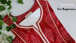 ️For Beginners Easy Kurti front Neck Design with Lace / Neck Design cutting and stitching