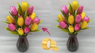 DIY Easy Satin Ribbon Flower Tulips | How To Make Tulip Flower With Satin Ribbon