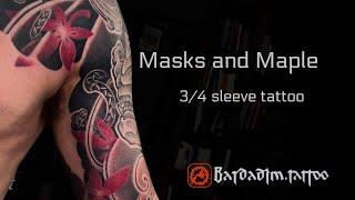 Unveiling the Mystical Beauty: Kitsune and Samurai Masks with a Maple Leaves Irezumi Tattoo Sleeve!