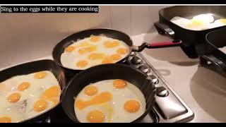 HowToBasic singing to the eggs while cooking.