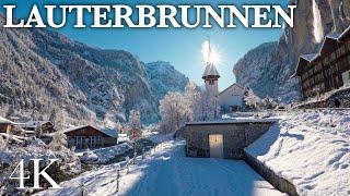 Snowy Walk in Lauterbrunnen, Switzerland, ASMR for Relaxation, Winter Sounds with Mountain Ambience