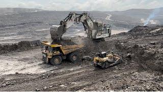 LIEBHERR R 9350 EXCAVATOR LOADING ON TRUCKS HD 785 KOMATSU AND OHT 777D CATERPILLAR ~ MININING STORY