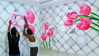 Rose design 3D Wall Art Ideas with Spray | Painted like wallpaper