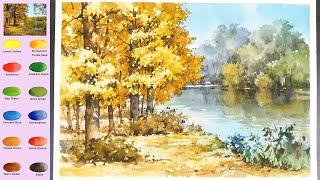 Landscape Watercolor - Yellow Forest (3X speed video, color name view)  NAMIL ART