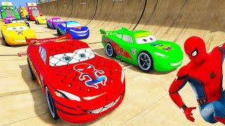 SPIDERMAN Vs HULK McQueen Friends CARS Mega JUMP Challenge ! SUPERHERO Mack Truck Epic Race  - GTA V