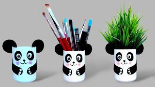 Diy waste material craft idea for school/ Panda pen holder making/ homemade plastic craft