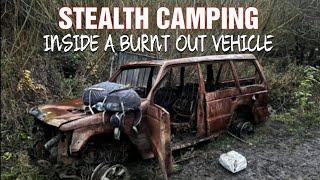 STEALTH CAMPING INSIDE A BURNT OUT VEHICLE / Wild camping UK / Murton, Co Durham / whisky review