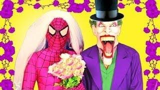 Spiderman vs Pink Spidergirl & Joker Wedding w  Frozen Elsa & Anna, Catwoman & Bubble Gum IRL