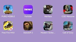 FPS TEST GAMES: 1 PUBG Mobile 2 FORTNITE 3 Warface GO 4 Call of Duty Warzone Mobile 5 Free Fire Max