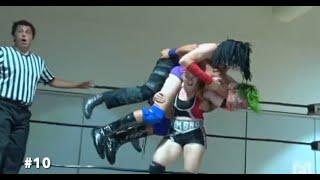 Female wrestlers lift and slam two guys