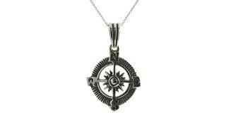 Round Rose Compass Explorer Travel Pendant Necklace Sterling Silver