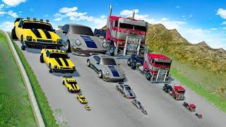 Big & Small Bumblebee vs Big & Small Mirage Porsche 911 vs Optimus Prime vs DOWN OF DEATH in BeamNG