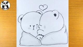 Winter cute bear couple pencil drawing | cute animals arts​⁠​⁠@TaposhiartsAcademy