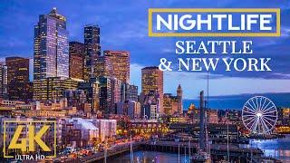 Night Skylines of Seattle & New York - 4K Night City Life Video with Relaxing Jazz Music - 10 HOURS