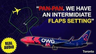 PAN-PAN. Flaps issue on approach. Nolinor Boeing 737-800 has problems at Toronto Airport. Real ATC