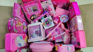 amazing pink stationery collection, watch eraser, pencil box, pencil sharpener, stationery kit, pen