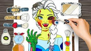 [Paper DIY] Zombie Elsa Princess Makeup Tutorial - Darkness Disney Princess vs Wonder Art Paper